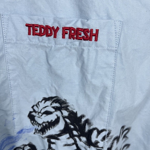Teddy Fresh Godzilla Men Medium Blue Cotton/Nylon Long Sleeve Button Shirt - Picture 4 of 8